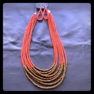 Coral & Brown Necklace & Earrings